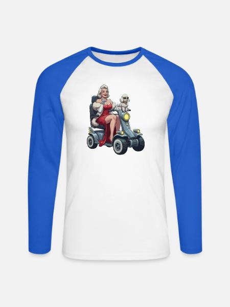 Pinup-Diva auf Mobilitätsroller und Hund - Unisex Baseballshirt langarm - Weiß/Royalblau
