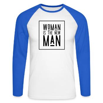 Woman Is The New Man - Feminist Strong - Unisex Long Sleeve Baseball T-Shirt - white/royal blue - Front - Nik (191cm)