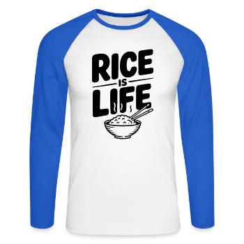 Le riz, c’est la vie - T-shirt baseball manches longues Homme - blanc/bleu royal - Devant - Nik (191cm)