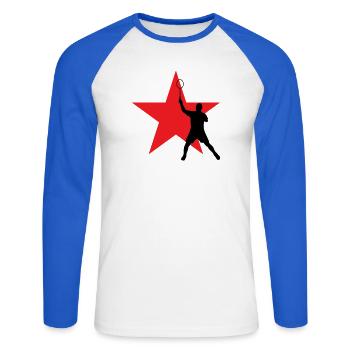 Badminton – Sport – Schläger - Unisex Baseballshirt langarm - Weiß/Royalblau - Vorne - Nik (191cm)
