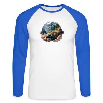 Earth in Hands: Global Responsibility - Unisex Long Sleeve Baseball T-Shirt - white/royal blue - Front - Nik (191cm)