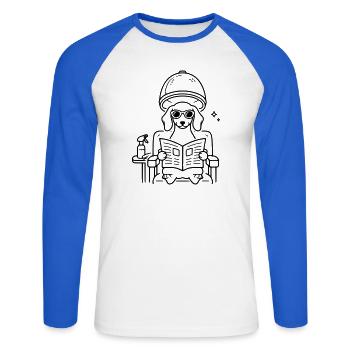 Hund Dackel beim Frisör Minimalistisch Line Art - Unisex Baseballshirt langarm - Weiß/Royalblau - Vorne - Nik (191cm)
