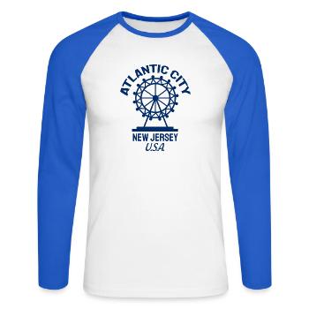 Atlantic City - Est. 1854 - New Jersey - USA - Unisex Long Sleeve Baseball T-Shirt - white/royal blue - Front - Nik (191cm)