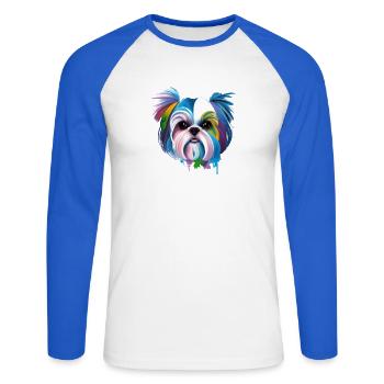 Bunte Shih Tzu Kunst Chrysanthemen-Hundemama - Unisex Baseballshirt langarm - Weiß/Royalblau - Vorne - Nik (191cm)