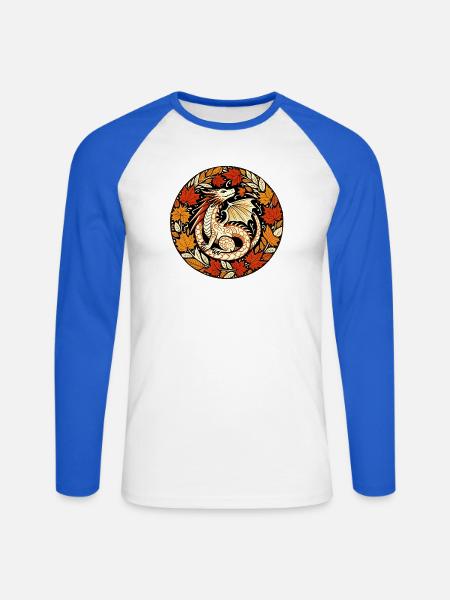 Autumn Dragon Circular Leaf Pattern - Unisex Long Sleeve Baseball T-Shirt - white/royal blue