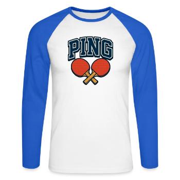 Tischtennis – Tennistisch - Unisex Baseballshirt langarm - Weiß/Royalblau - Vorne - Nik (191cm)