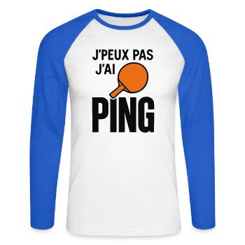 J'peux pas J'ai Ping - T-shirt baseball manches longues Homme - blanc/bleu royal - Devant - Nik (191cm)