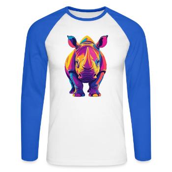 Farbenfroher Rhino Pop Art buntes Nashorn Motiv - Unisex Baseballshirt langarm - Weiß/Royalblau - Vorne - Nik (191cm)