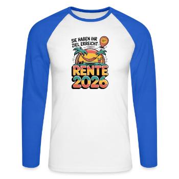 Retraite des pensionnés 2026 Homme & Femme - T-shirt baseball manches longues Homme - blanc/bleu royal - Devant - Nik (191cm)