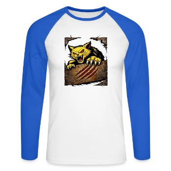 Illustration de l’attaque griffude du chat féroce - T-shirt baseball manches longues Homme - blanc/bleu royal - Devant - Nik (191cm)