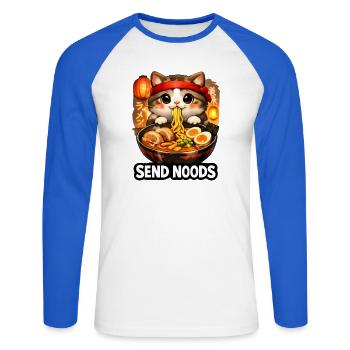 Ramen Cat Send Noods - Unisex Long Sleeve Baseball T-Shirt - white/royal blue - Front - Nik (191cm)
