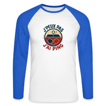 J'peux pas J'ai Ping - T-shirt baseball manches longues Homme - blanc/bleu royal - Devant - Nik (191cm)