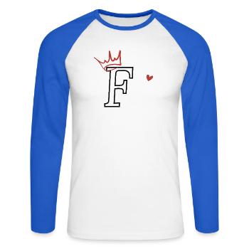 Buchstabe f Kronenherz - Unisex Baseballshirt langarm - Weiß/Royalblau - Vorne - Nik (191cm)