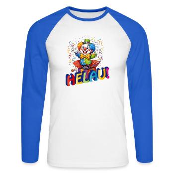 Funny Clown Says HELAU – Carnival Motif - Unisex Long Sleeve Baseball T-Shirt - white/royal blue - Front - Nik (191cm)