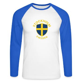Stockholm Sweden Shield Emblem - Unisex Long Sleeve Baseball T-Shirt - white/royal blue - Front - Nik (191cm)