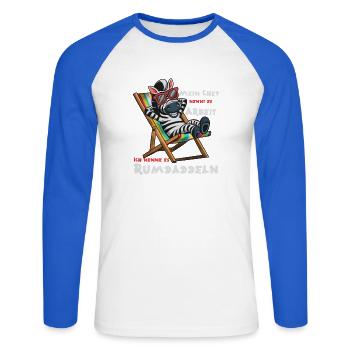Zebra im Strandstuhl. Arbeit ist das nicht! - Unisex Baseballshirt langarm - Weiß/Royalblau - Vorne - Nik (191cm)