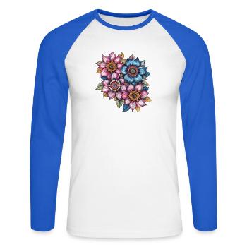 Motif de fleurs en tourbillon de fleurs - T-shirt baseball manches longues Homme - blanc/bleu royal - Devant - Nik (191cm)