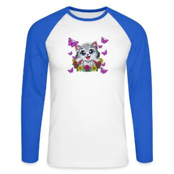 Un baiser de chat dans une couronne florale - T-shirt baseball manches longues Homme - blanc/bleu royal - Devant - Nik (191cm)