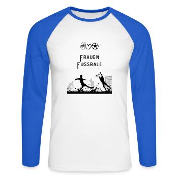 Fußballsilhouette vor dem Tor - Unisex Baseballshirt langarm - Weiß/Royalblau - Vorne - Nik (191cm)