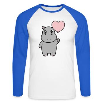 Süßes Nilpferd Herz Ballon Liebe - Unisex Baseballshirt langarm - Weiß/Royalblau - Vorne - Nik (191cm)