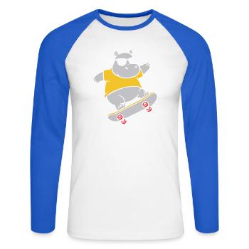 Cooles Nilpferd Skater Skateboard Vektor - Unisex Baseballshirt langarm - Weiß/Royalblau - Vorne - Nik (191cm)