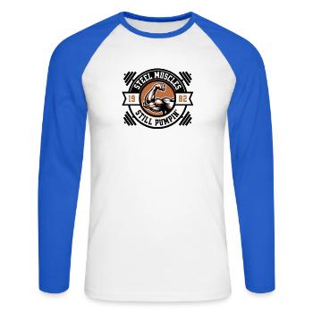 Pompe musculaire - T-shirt baseball manches longues Homme - blanc/bleu royal - Devant - Nik (191cm)