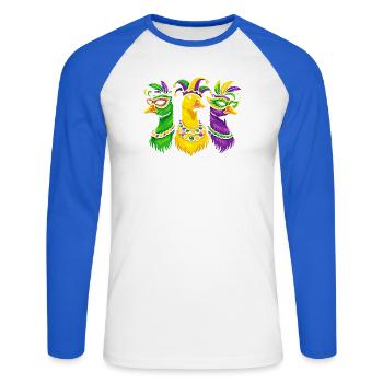 Karnevalstrio der Maskenvögel - Unisex Baseballshirt langarm - Weiß/Royalblau - Vorne - Nik (191cm)