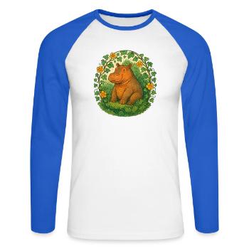 Hippopotame fantaisiste dans le cercle du lierre - T-shirt baseball manches longues Homme - blanc/bleu royal - Devant - Nik (191cm)