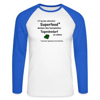 Tagesbedarf Superfood - Unisex Baseballshirt langarm - Weiß/Royalblau - Vorne - Nik (191cm)
