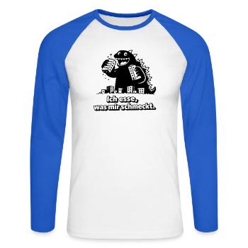 Le monstre mange ce qu’il aime - T-shirt baseball manches longues Homme - blanc/bleu royal - Devant - Nik (191cm)