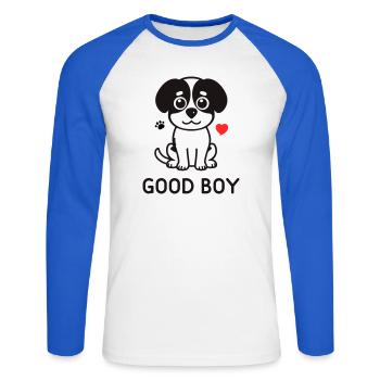 Good Boy – Süßes Hunde Motiv - Unisex Baseballshirt langarm - Weiß/Royalblau - Vorne - Nik (191cm)