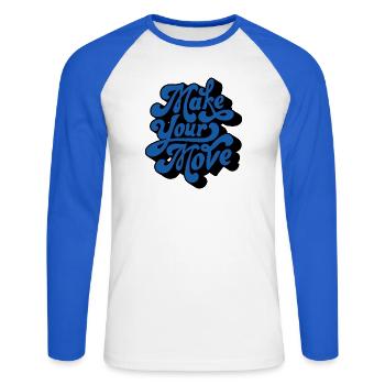 Faites votre mouvement – Style rétro - T-shirt baseball manches longues Homme - blanc/bleu royal - Devant - Nik (191cm)