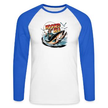 Hooked By The Sea Vintage Fishing - Unisex Long Sleeve Baseball T-Shirt - white/royal blue - Front - Nik (191cm)