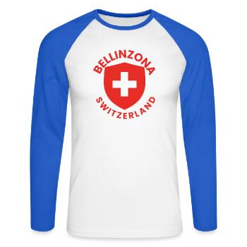 Bellinzona-Schild Schweizer Flagge - Unisex Baseballshirt langarm - Weiß/Royalblau - Vorne - Nik (191cm)