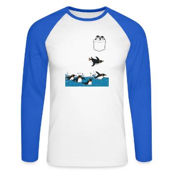 Penguin Jump Into The Water Pocket Design - Unisex Long Sleeve Baseball T-Shirt - white/royal blue - Front - Nik (191cm)