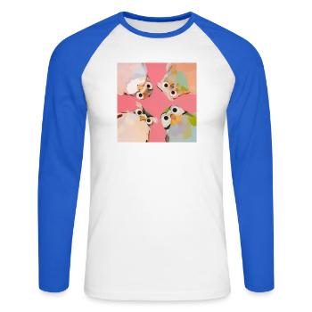 Four owls in a circle | Cute Pastel Animal Motif - Unisex Long Sleeve Baseball T-Shirt - white/royal blue - Front - Nik (191cm)