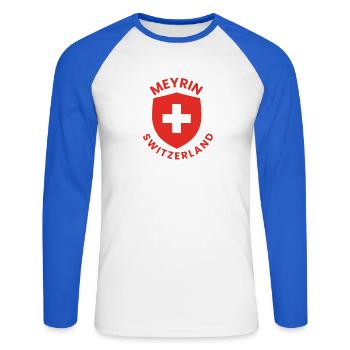 Bouclier Meyrin Schweiz - T-shirt baseball manches longues Homme - blanc/bleu royal - Devant - Nik (191cm)