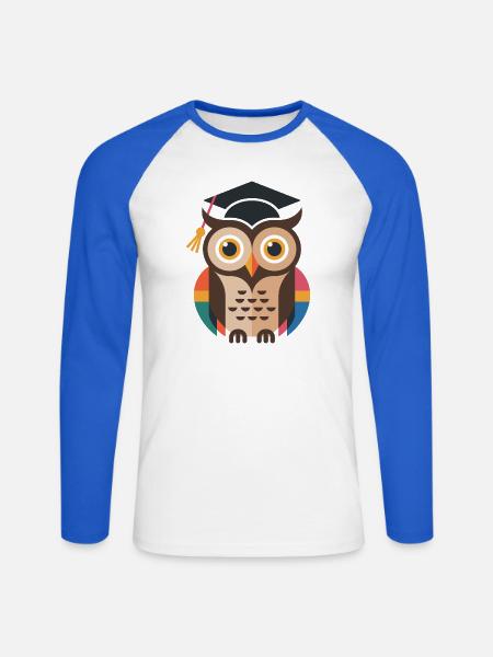 Bunte Abschluss-Eule mit bunten Gefieder - Unisex Baseballshirt langarm - Weiß/Royalblau