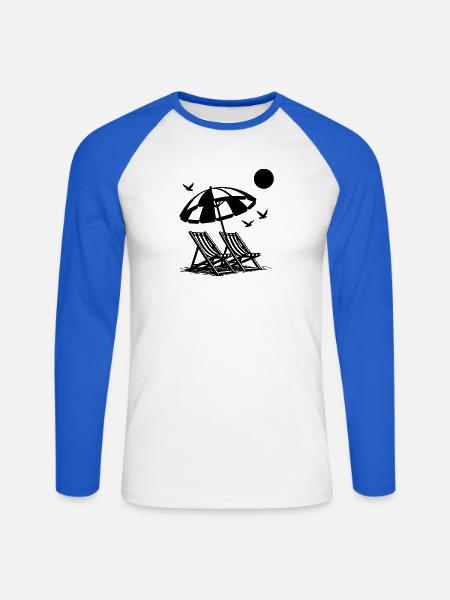 Strandurlaub mit Liegestühlen unter Sonnenschirm - Unisex Baseballshirt langarm - Weiß/Royalblau