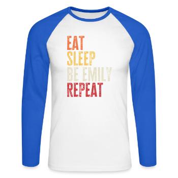 Eat Sleep Be Emily Repeat Retro Name - Unisex Long Sleeve Baseball T-Shirt - white/royal blue - Front - Nik (191cm)