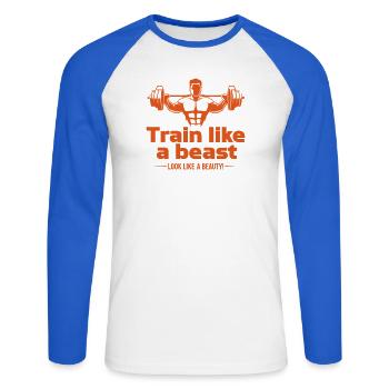 Train like a beast - look like a beauty - Unisex Long Sleeve Baseball T-Shirt - white/royal blue - Front - Nik (191cm)