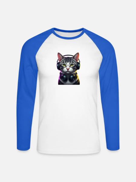 KatzenDJ Neon Kopfhörer Music lover cat - Unisex Baseballshirt langarm - Weiß/Royalblau