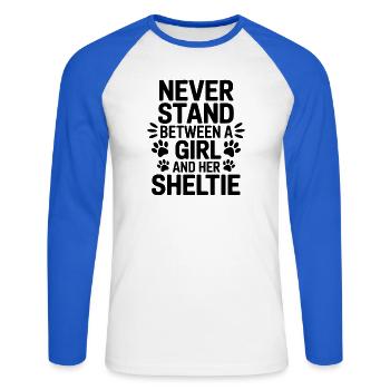 Expressions du chien de berger des Shetland, drôle de cadeau Sheltie - T-shirt baseball manches longues Homme - blanc/bleu royal - Devant - Nik (191cm)