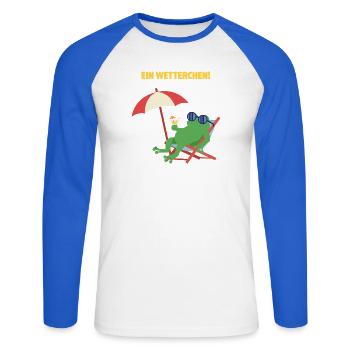 Frosch Strandurlaub mit Cocktail. Geiles Wetter! - Unisex Baseballshirt langarm - Weiß/Royalblau - Vorne - Nik (191cm)