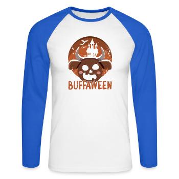 Safari Afrique Serengeti Faune Halloween Buffle - T-shirt baseball manches longues Homme - blanc/bleu royal - Devant - Nik (191cm)