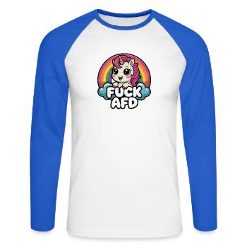 Fuck AFD - Antifa Einhorn Tee - Unisex Baseballshirt langarm - Weiß/Royalblau - Vorne - Nik (191cm)