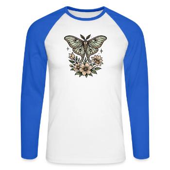 Papillon de nuit avec bouquet de fleurs - T-shirt baseball manches longues Homme - blanc/bleu royal - Devant - Nik (191cm)