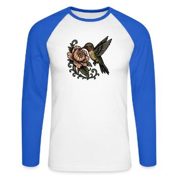 Hummingbird with Rose Vintage Tattoo - Unisex Long Sleeve Baseball T-Shirt - white/royal blue - Front - Nik (191cm)