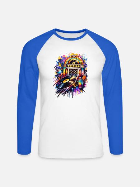 Bunte Jukebox im Graffiti-Style mit Schallplatte - Unisex Baseballshirt langarm - Weiß/Royalblau