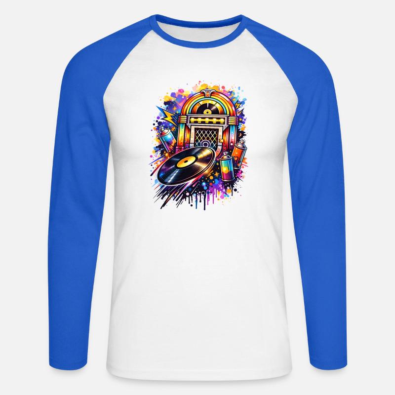 Bunte Jukebox im Graffiti-Style mit Schallplatte - Unisex Baseballshirt langarm - Weiß/Royalblau
